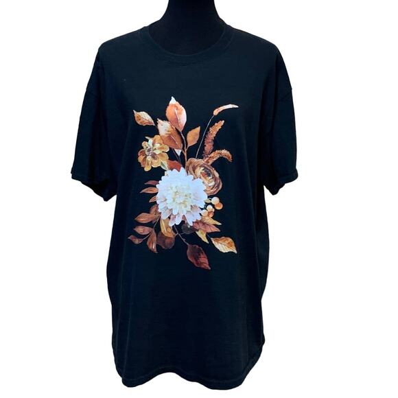 Hand Printed Upcycled XL Fall Leaves Floral Harvest Bouquet 100% Cotton Tee - Picture 1 of 3